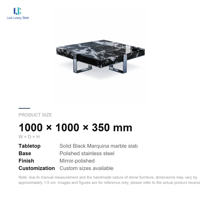 Table basse carrée en marbre noir Luca Calacatta |   Miroir sur pied en acier inoxydable avec plateau en pierre haute brillance, sur mesure pour salon, OEM