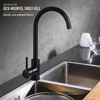 Keran Dapur Stainless Steel Matte Black, Mixer Air Panas Dingin, Terpasang di Dek, Lubang Tunggal, Grosir untuk Hotel Villa, Keran Wastafel