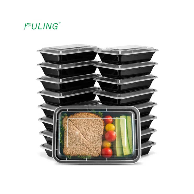 disposable black base microwaveable to go pp plastic 3cp plate meal prep food packaging trays with clear cover