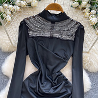 Robe Courte Décontractée WIWT pour Femme, Élégante, à Col Montant, Manches Longues, Décorée de Strass, Froncée, Moulante, Idéale pour les Fêtes et le Quotidien