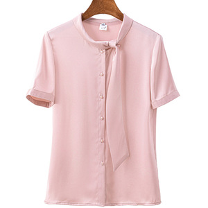 Women's Professional Summer Short Sleeve Blouse With Ribbon Solid Color Work Shirt For Commuting And Office Wear - Product Image 5