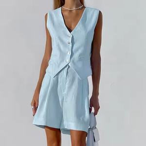 Conjunto de Ropa de Lino de Alta Calidad a Bajo Precio, Blusa Corta Informal con Solapa Holgada para Mujer, Pantalones Cortos de Lino con Cintura Elástica - Product Image 3