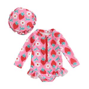 Long Sleeve <strong>Toddler</strong> Girl Swimsuit Hat Floral Ruffle Zipper Leopard Rash Guard Swimwear for Sun Protection Baby <strong>Swimming</strong> <strong>Costume</strong> - Product Image 2