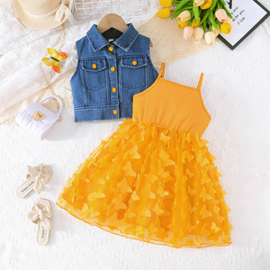 Ropa Infantil para Niñas de 4 a 8 Años, Conjunto Casual de Dos Piezas, Top de Mezclilla de Poliéster y Algodón y Vestido con Tirantes de Malla, Transpirable - Product Image 1