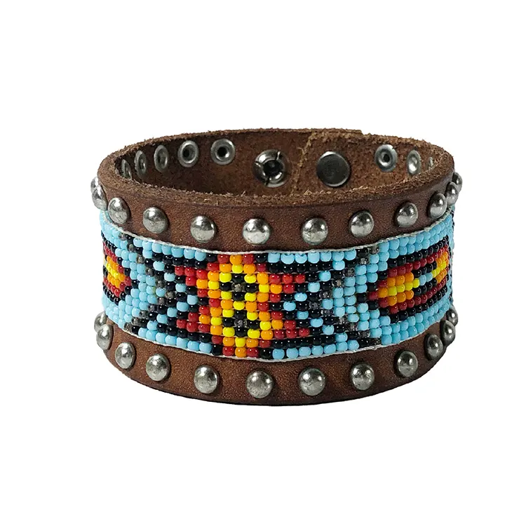 Western Studded Rivets Beaded Real Leather PU Bracelet Wristband Cuff For Women and Men
