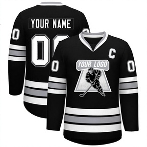 Camiseta de Hockey sobre Hielo Personalizada para Hombre, Negra con Rayas Blancas, Cuello en V, Sublimada, Absorbente de Humedad, Manga Larga, Ropa Deportiva para Adultos - Product Image 1
