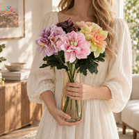 Dahlias artificiels à tige unique floqués avec feuilles pour la décoration de mariage, de maison, d'hôtel et d'événements