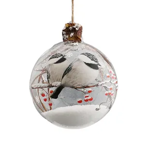 Boule de décoration en verre transparent personnalisé avec décalcomanies, peinture à la main, motif d'oiseau, boule de noël transparente