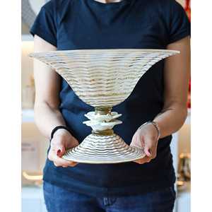 Vase à fleurs en verre soufflé Bennyudine, design de luxe, rayures blanches, or pur, cylindre haut, motif mouettes, cristal pur - Product Image 4