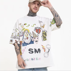 Murah kaus kustom pria kaus Premium kartun katun tebal kaus cetak lebar penuh pria cat percikan grafiti 50 anyaman - Product Image 2