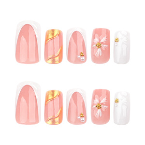 <span class=keywords><strong>Uñas</strong></span> Postizas de Lujo con Flores en Relieve 3D y Lámina Dorada, Forma Ataúd Mediana, Punta Francesa Rosa, Detalles de Perlas, Hechas a Mano, Reutilizables, Acrílicas - Product Image 4