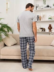 Manufacturers Wholesale Custom Logo <strong>Pyjamas</strong> <strong>Men</strong> Pajamas Shorts Sleeve Pajama Suit Plaid Cardigan Plaid <strong>Trousers</strong> Home Suit 2 Sets - Product Image 2
