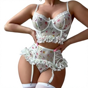 Conjunto de Lencería Sexy Floral de Malla <span class=keywords><strong>Verdant</strong></span> Whisper, Kit de Lencería Fina Pure Desire, Ropa Interior Bordada, Traje Romántico - Product Image 1