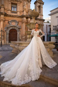 Robe de mariée tendance à manches longues, style Mori, coupe sirène, dos nu, <span class=keywords><strong>avec</strong></span> petite traîne et <span class=keywords><strong>voile</strong></span> souple, ensemble deux pièces, pour séance photo - Product Image 5