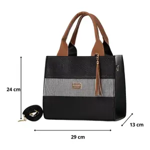 Fana <b>Women's</b> Black Striped Handbag Genuine <b>Leather</b> Zip Closure Tassel Elegant Daily Use - Product Image 3