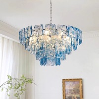 Lustre moderne de luxe à plusieurs niveaux en verre bleu artistique, luminaire suspendu rond en laiton doré Art Déco pour la décoration du salon et de la salle à manger