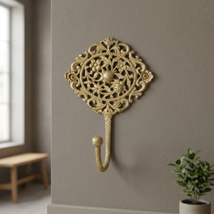 Vintage Brass Wall <b>Hook</b> With Floral Carved Design For Coat Or Clothing Storage - Product Image 6