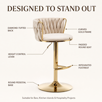 Tabouret de bar pivotant de luxe en velours, réglable en hauteur, avec base en métal doré pour îlot de cuisine, maison et café