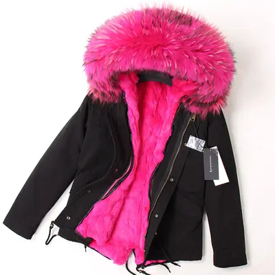 Fashion Winter Women Shaggy Fluffy Big Fur Parka Raccoon Fur Hood And Detachable Real Rabbit Fur Lined coat