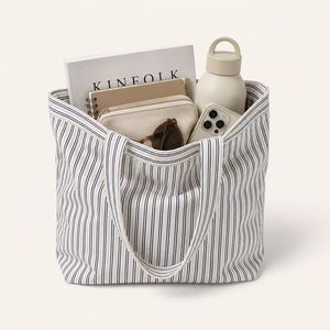 Sac de courses en tissu de coton rayé, grande taille, avec poignée épaule, pour les courses - Product Image 4