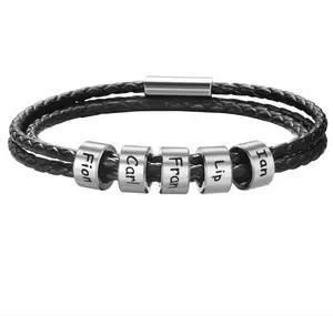 Pulseira de couro trançada, atacado personalizado gravura em aço inoxidável pulseira de couro multicamada para homens e mulheres casais