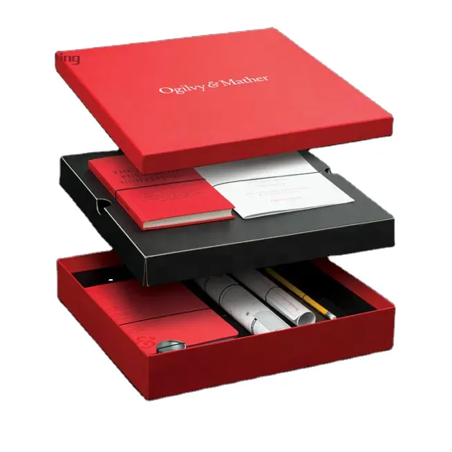 文房具セット包装箱用ペン/メモ帳/マニュアル付きの豪華な赤い2層段ボール紙ギフトボックス