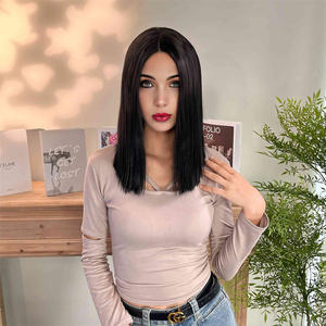 Perruque Bob <span class=keywords><strong>mi</strong></span>-longue, style européen américain, nouvelle tendance, noire, raie au milieu, <span class=keywords><strong>cheveux</strong></span> <span class=keywords><strong>courts</strong></span> et lisses - Product Image 3