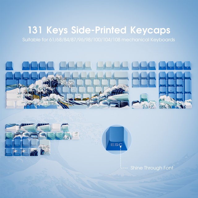 XVX Cherry Keycaps Blue Coral Sea/Kanagawa Profile Mechanical Keyboard Sublimation Dye-sub PBT Keycap Set (126-Key)