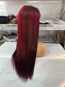 Perruque Lace Front Longue et Lisse en <span class=keywords><strong>Cheveux</strong></span> Humains, Bourgogne Foncé <span class=keywords><strong>avec</strong></span> Mèches Rouges, Pré-Pluckée, Dentelle Transparente - Product Image 3
