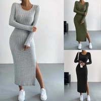 Nouvelle Robe Longue Décontractée Femme en Nylon Tricoté à Taille Élastique, Manches Longues, Col Fendu, Coupe Trapèze, Couleur Unie, Style Urbain Tendance Printemps