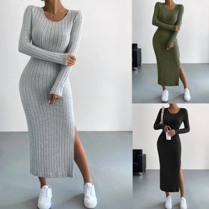 Nouvelle Robe Longue Décontractée <span class=keywords><strong>Femme</strong></span> en Nylon Tricoté à Taille Élastique, Manches Longues, Col Fendu, Coupe Trapèze, Couleur Unie, Style Urbain Tendance Printemps - Product Image 2
