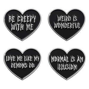 Stock caliente nuevo diseño Pin lindo negro corazón letra dibujos animados Metal broche solapa Pin como regalo <span class=keywords><strong>ropa</strong></span> <span class=keywords><strong>para</strong></span> mujeres o amigos Decoración - Product Image 2