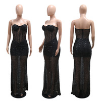 Nouvelle arrivée 2025, robe de soirée noire transparente, robe de soirée maxi, robe de soirée sans bretelles, robe sexy de club, vêtements pour femmes