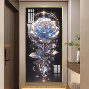 Lussuoso Quadro in Cristallo Blu Ghiaccio con Rosa, Stampa UV con Glitter, Dipinto Verticale in Porcellana per Decorazione Ingresso Hotel - Product Image 1