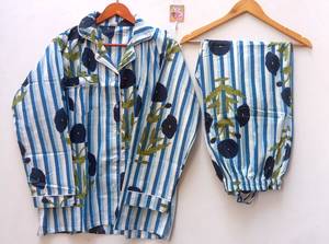 Pyjama en coton à rayures bleues et imprimé floral pour femmes, manches longues, col rabattu, ensemble de vêtements de nuit décontractés de longueur complète - Product Image 2