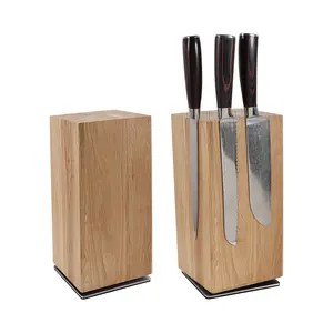 Factory Directly 360 Rotating Oak Wood Magnetic Knife Block With Metal Plate New Knife Rack Holder