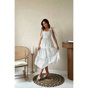 Vestido casual de menta con hombros descubiertos, a rayas, cintura elástica, línea A, con volantes, tejido transpirable para uso diario - Product Image 5