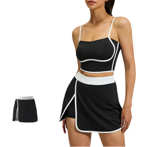 Breathable Color Block Spaghetti Strap Square Neck Sports Vest <b>Split</b> Short <b>Skirt</b> Set Women Fitness Fixed Cup Summer Waist Front - Product Image 1