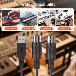Câble d'interface USB MIDI Lekato de 6,5 pieds avec entrée/sortie pour clavier, synthétiseur et édition musicale - Product Image 6