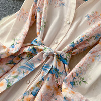 Robe chemise élégante à imprimé floral pour femmes WIWT, col en V, manches longues, ceinture, robe longue décontractée pour les vacances, robes pour femmes
