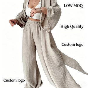 Custom Logo Women Kimono Cardigan <b>Set</b> Resort Wear and Two Piece <b>Set</b> Textured Wide Leg Pants Casual Summer Loungewear Women - Product Image 1