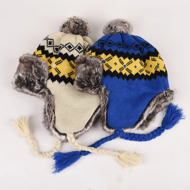 도매 겨울 보블 스키 스노우 모자 듀얼 레이어드 스트라이프 양털 안감 트래퍼 니트 이어 플랩 모자