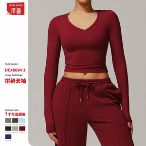 Camiseta Deportiva de Manga Larga con Cuello en V para Mujer, Estilo Crop Top, para Yoga y Fitness, DCX8694, 2 Colores Sólidos, Ajuste Ceñido - Product Image 1