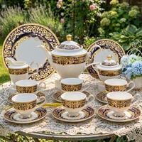 Service à Thé et Café de l'Après-midi de Mariage, Assiettes à Dessert en Porcelaine Fine de Chine Style Luxe Doré en Relief – 24 Pièces