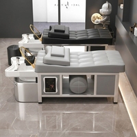 Table de massage thaïlandaise en PVC avec cadre métallique, 2 moteurs, éponge haute densité, lavabo intégré pour spa capillaire, thérapie à la vapeur, rangement et éclairage LED