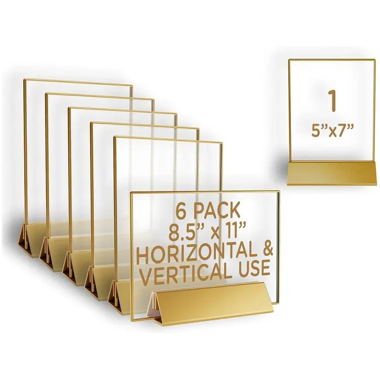 Suporte de plástico para exibição de placas, suporte acrílico dourado para placas, suporte de papel acrílico com moldura dourada 8.5x11