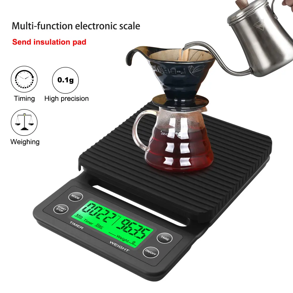 Balança digital de café/balança de peso com temporizador, para cozinha, 3kg/5kg /0.1g, alta precisão, lcd, alimentos