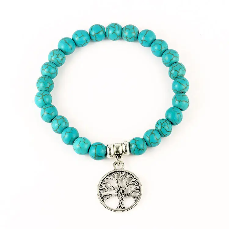Braccialetto turchese da 8mm braccialetto elasticizzato con ciondolo croce albero fortunato corda elastica gioielli naturali di moda bohémien