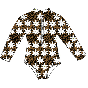 Traje de Baño de una Pieza para Niñas, Diseño Floral Verde Oliva, Manga Larga, Transpirable, con Cierre, para Playa, Verano - Product Image 2