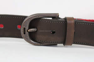 Custom <b>Men</b> Red Fabric Fashionable <b>Brown</b> Genuine <b>Leather</b> Classic <b>Belt</b> - Product Image 2